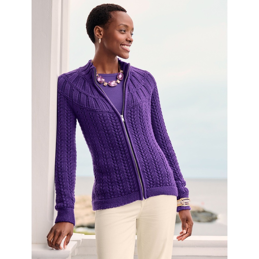 Talbots Cardigan Sweater Women L Purple Chunky Knit Zip Mock Neck Cozy Preppy